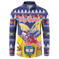 Blue Christmas button sweatshirt with condor and festive patterned graphic front