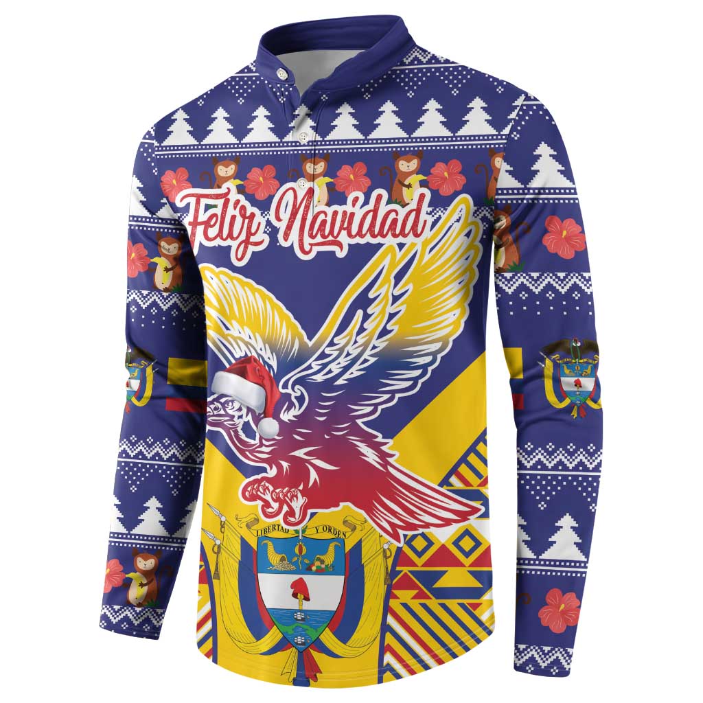 Blue Christmas button sweatshirt with condor and Feliz Navidad text front
