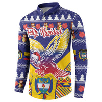 Blue Christmas button sweatshirt with condor and Feliz Navidad text front