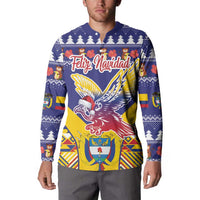 Blue Christmas button sweatshirt on model, condor graphic and festive pattern front