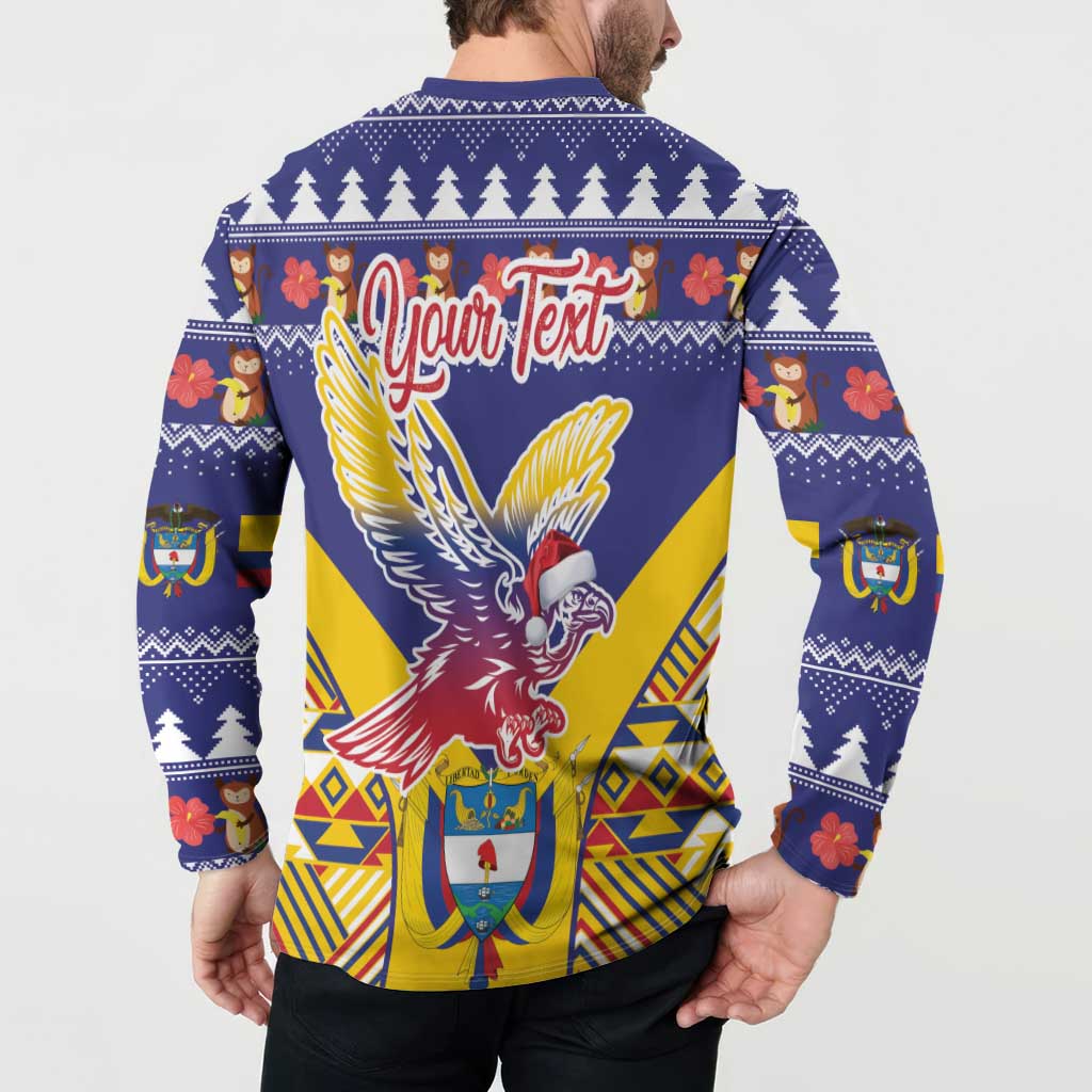 Blue Christmas button sweatshirt on model, condor graphic with Your Text back