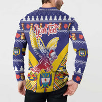 Blue Christmas button sweatshirt on model, condor graphic with Your Text back