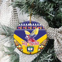 Blue circular ceramic ornament with golden Andean condor and Colombia festive pattern on tree