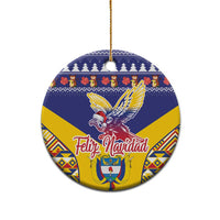 Blue circular ceramic ornament with Andean condor and Colombia festive pattern, hanging