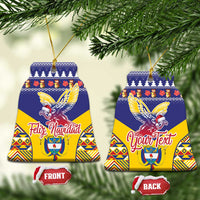 Blue bell-shaped ceramic ornament with Andean condor and Colombia festive pattern, front/back