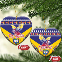 Blue heart-shaped ceramic ornament with Andean condor and Colombia festive pattern, front/back