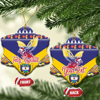 Blue heart-shaped ceramic ornament with Andean condor and Colombia festive pattern, hanging