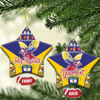 Blue star-shaped (snowflake) ceramic ornament with Andean condor and Colombia festive pattern