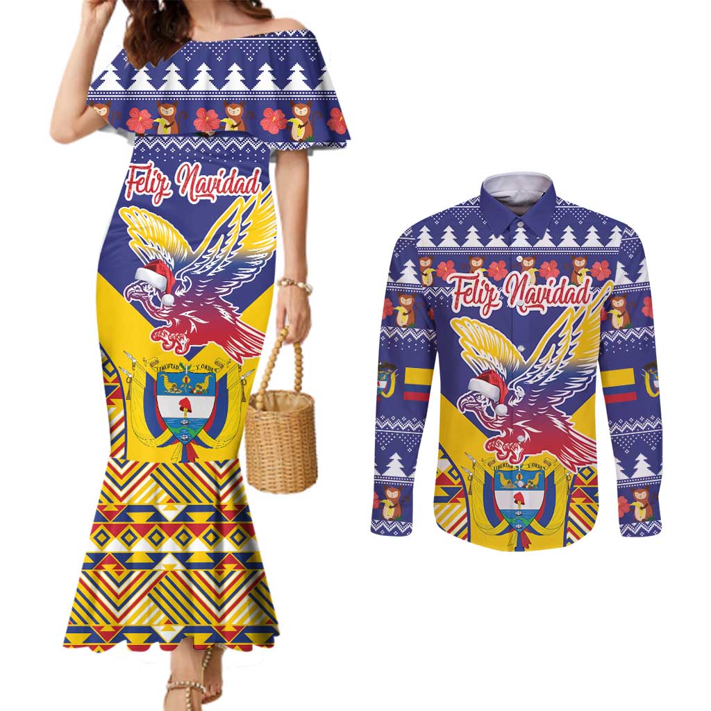 Personalized Colombia Christmas Couples Matching Mermaid Dress and Long Sleeve Button Shirt Andean Condor With Seamless Pattern