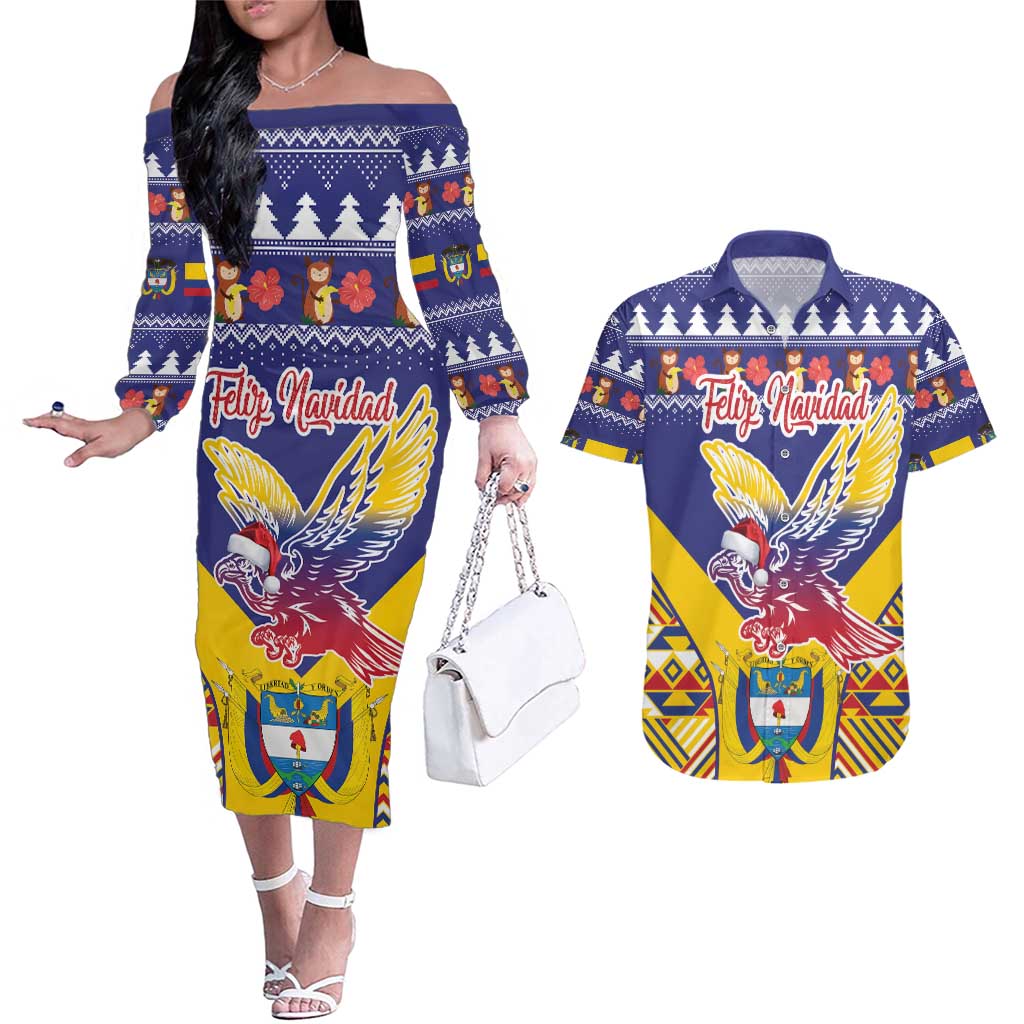 Personalized Colombia Christmas Couples Matching Off The Shoulder Long Sleeve Dress and Hawaiian Shirt Andean Condor With Seamless Pattern - Wonder Print Shop