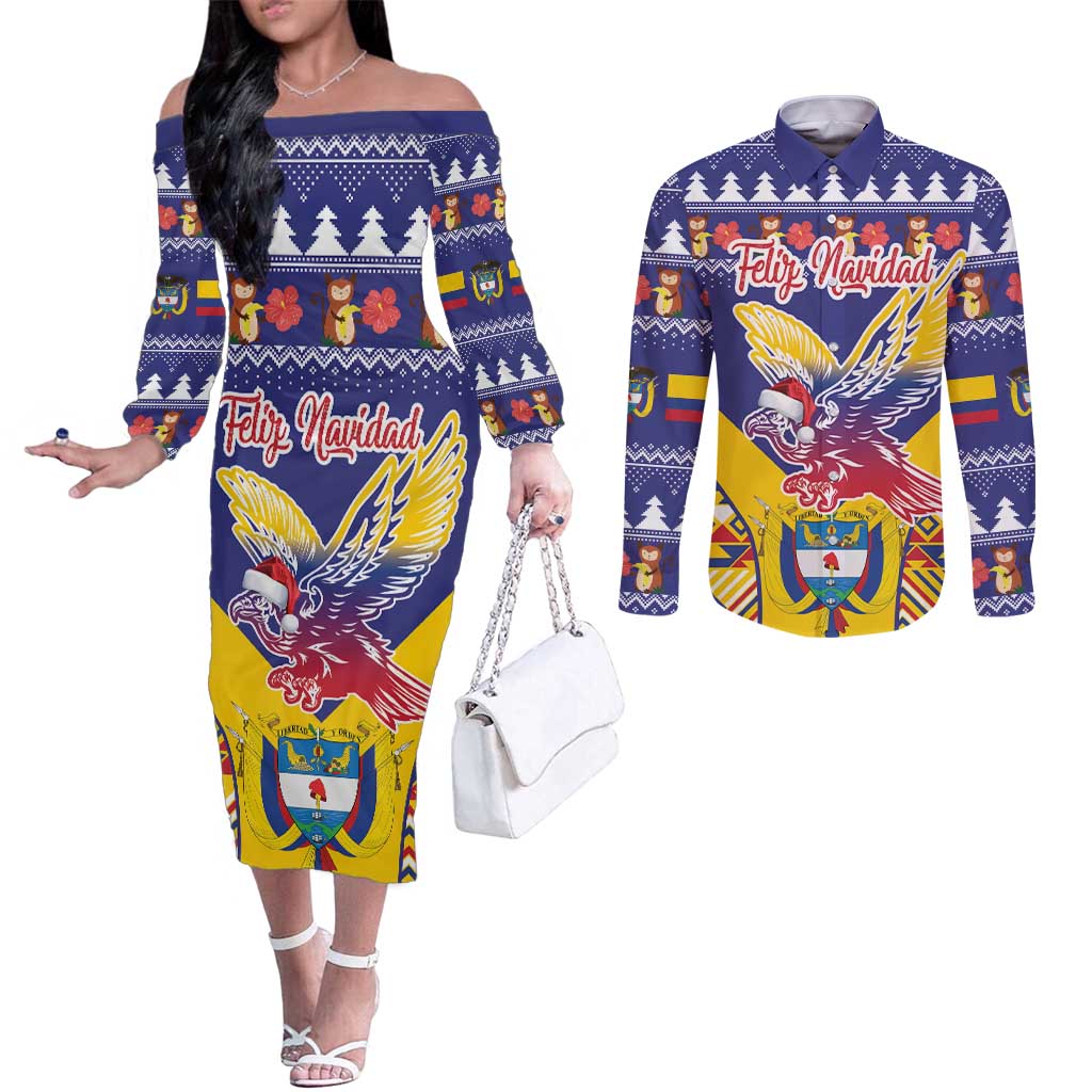 Personalized Colombia Christmas Couples Matching Off The Shoulder Long Sleeve Dress and Long Sleeve Button Shirt Andean Condor With Seamless Pattern