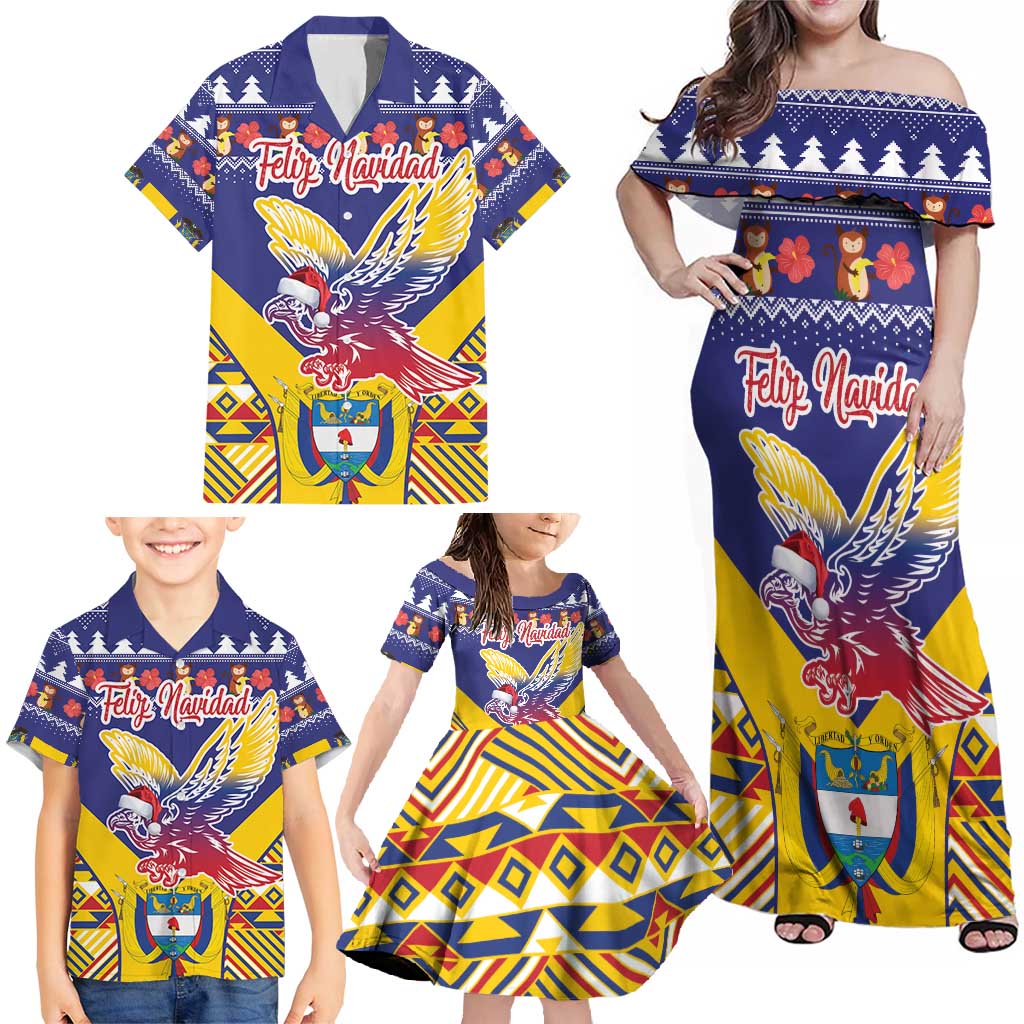 Personalized Colombia Christmas Family Matching Off Shoulder Maxi Dress and Hawaiian Shirt Andean Condor With Seamless Pattern - Wonder Print Shop