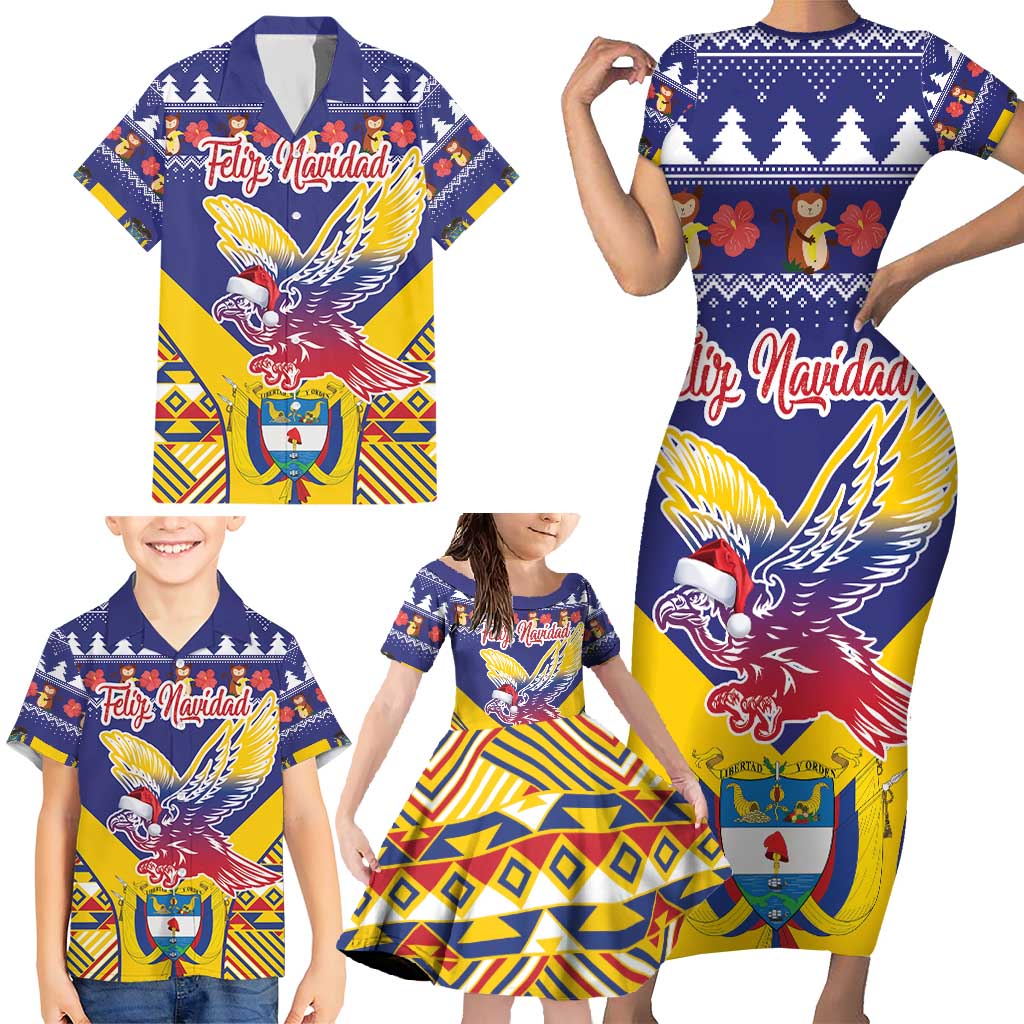 Personalized Colombia Christmas Family Matching Short Sleeve Bodycon Dress and Hawaiian Shirt Andean Condor With Seamless Pattern - Wonder Print Shop