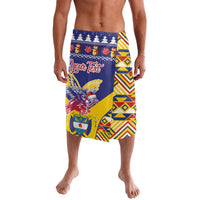 Blue knee-length swim shorts with colorful geometric graphic and personalized text panel
