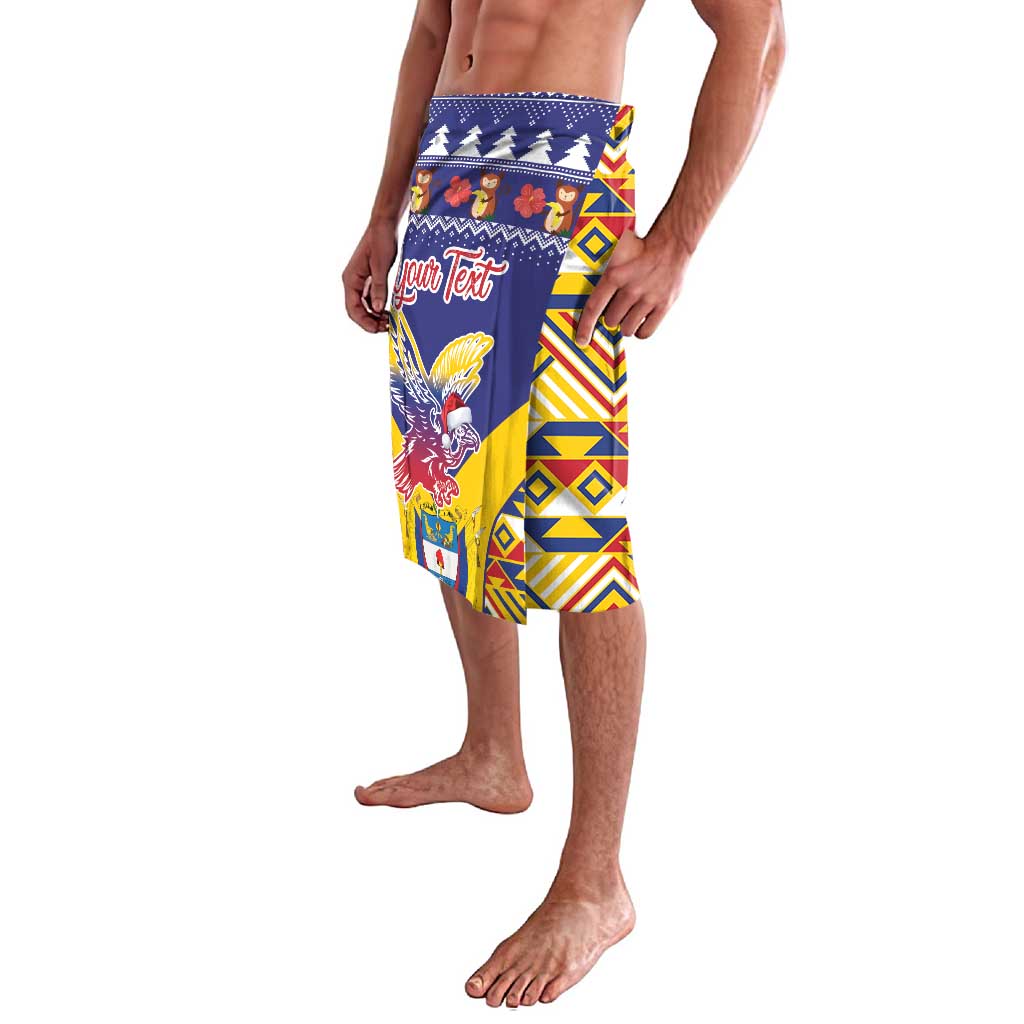 Blue knee-length swim shorts with colorful tribal print, bird graphic, and personalized text