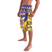 Blue knee-length swim shorts with colorful tribal print, bird graphic, and personalized text