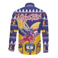 Blue Christmas long-sleeve button shirt with condor and Your Text back graphic