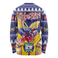 Personalized unisex Christmas long sleeve shirt, blue condor graphic with Your Text on back