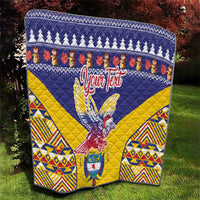 Personalized blue and yellow quilt with condor crest artwork, “Your Text,” and diamond motifs.