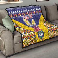 Personalized blue and yellow quilt with condor artwork, “Your Text,” and bold geometric side panels.