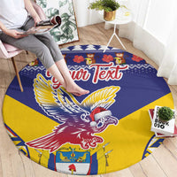 Round blue and yellow personalized carpet with condor artwork and 'Your Text' lettering
