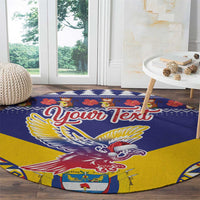 Round blue and yellow personalized carpet with condor illustration and 'Your Text' wording