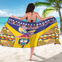 Personalized blue and yellow sarong with condor and 'Your Text' center print