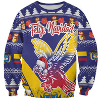 Unisex blue Christmas sweatshirt with Feliz Navidad text, white winged condor graphic