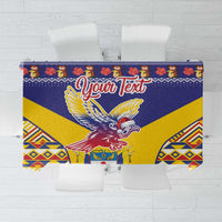 Blue and yellow personalized tablecloth with condor and geometric Andean border, 'Your Text'