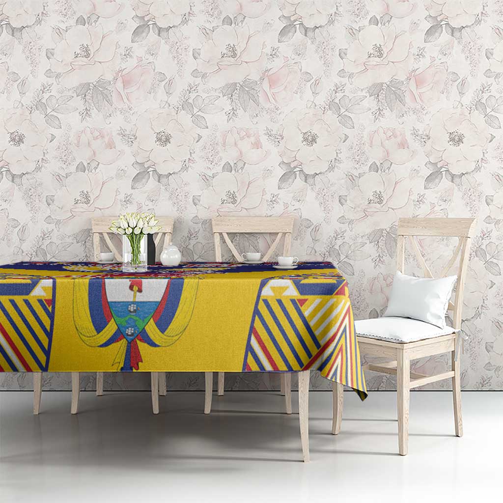Geometric blue and yellow tablecloth with Andean-style motif on dining table