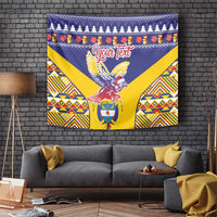 Blue Christmas wall tapestry with condor and geometric pattern, personalized text center.