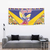 Blue Christmas tapestry with condor graphic, decorative borders, and personalized text.