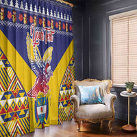 Blue window curtains with large condor crest and bold geometric border, pair