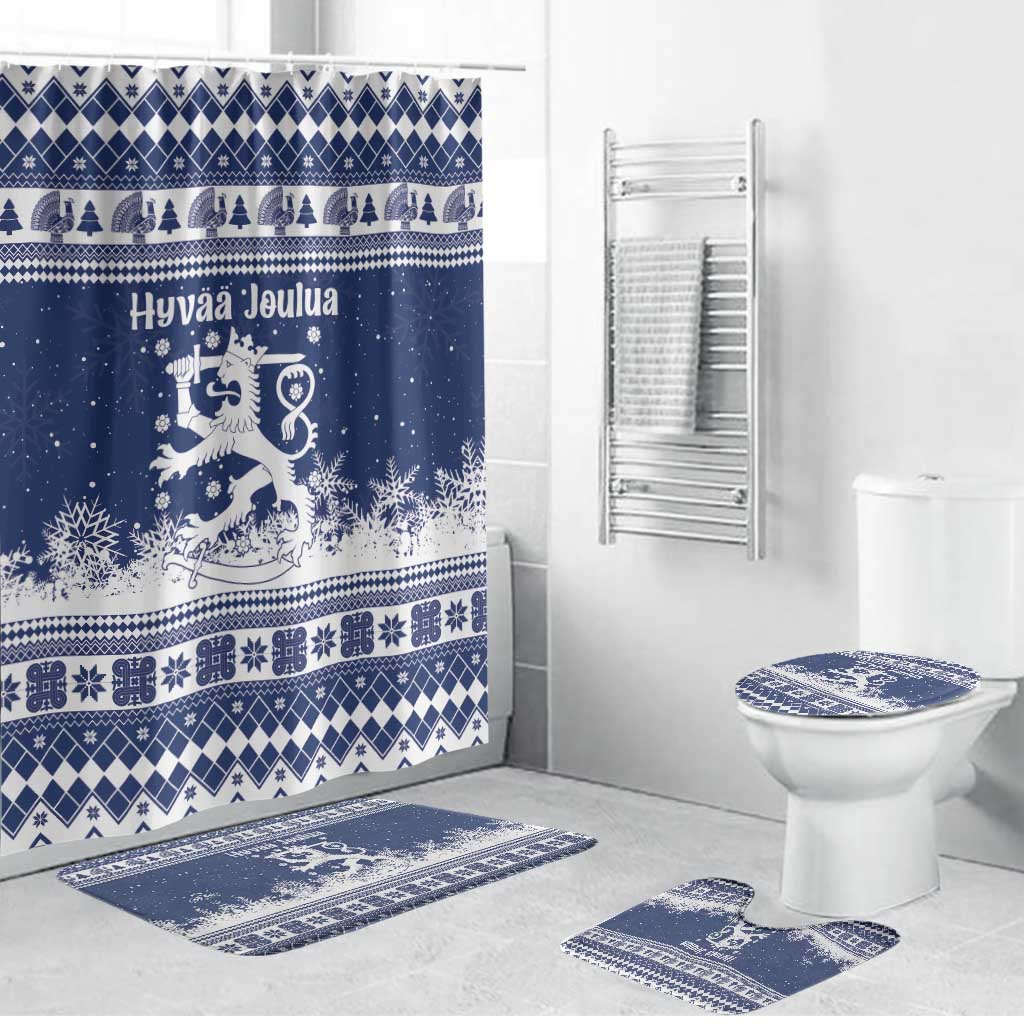 Finland Christmas Hannunvaakuna Bathroom Set Hyvaa Joulua Nordic Snow Lion Blue Version - Wonder Print Shop