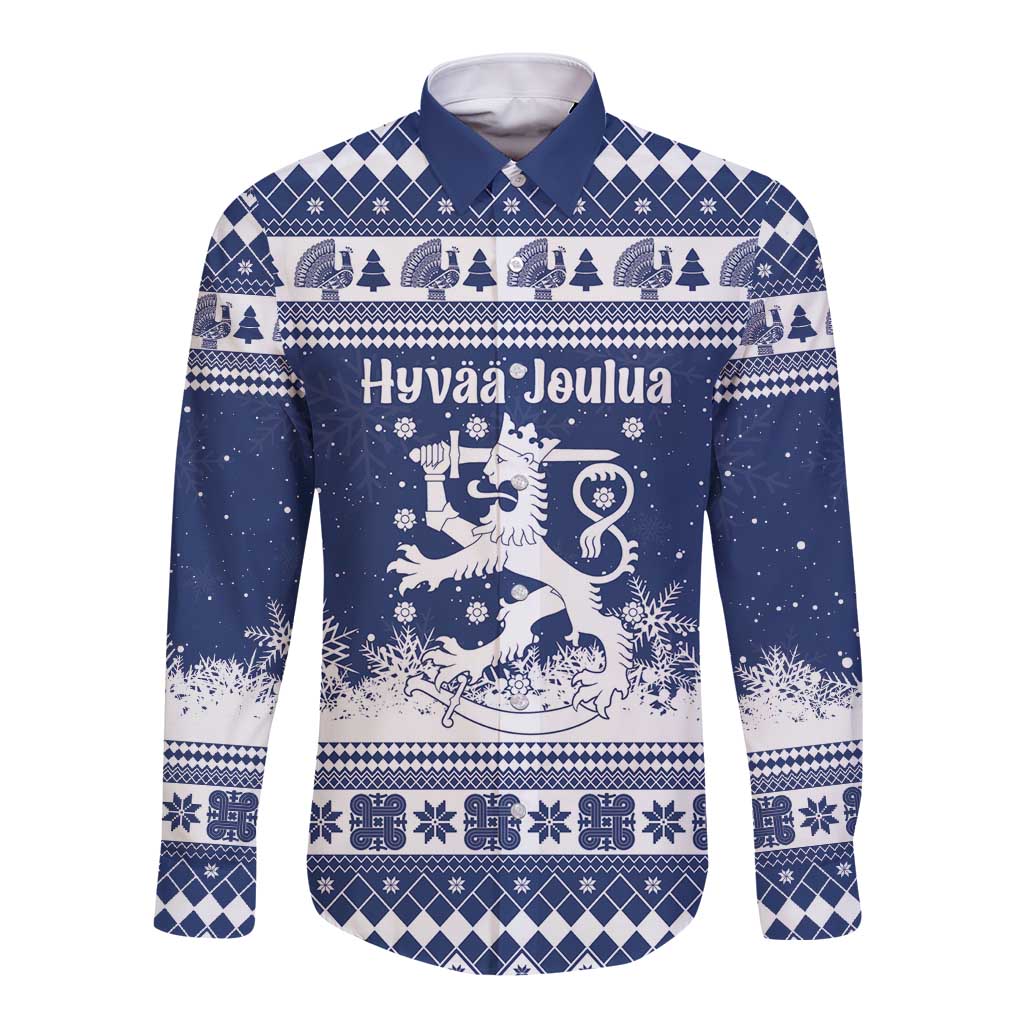 Finland Christmas Hannunvaakuna Long Sleeve Button Shirt Hyvaa Joulua Nordic Snow Lion Blue Version - Wonder Print Shop