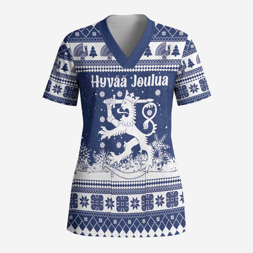 Finland Christmas Hannunvaakuna Scrub Top Hyvaa Joulua Nordic Snow Lion Blue Version - Wonder Print Shop
