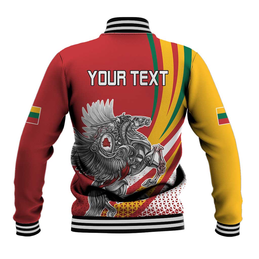 Red-and-yellow baseball jacket with YOUR TEXT on back, large winged emblem graphic