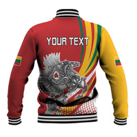 Red-and-yellow baseball jacket with YOUR TEXT on back, large winged emblem graphic