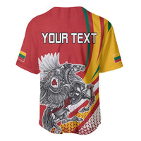 Red baseball jersey with 'YOUR TEXT' print and Vytis lion rider graphic