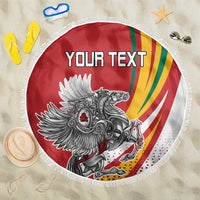 Red round beach blanket with fringe, “YOUR TEXT” and Lithuanian crest graphic