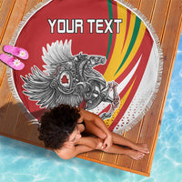 Red round beach blanket with fringe, “YOUR TEXT” and Lithuanian crest print