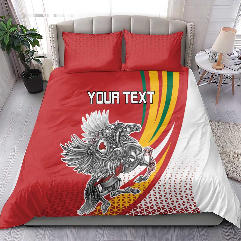 Red and white bedding set with two red pillowcases, “YOUR TEXT,” and crest horse art