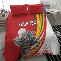 Red and white bedding set with “YOUR TEXT” and crest horse graphic on duvet