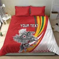 Red and white duvet bedding set with two red pillowcases and “YOUR TEXT”