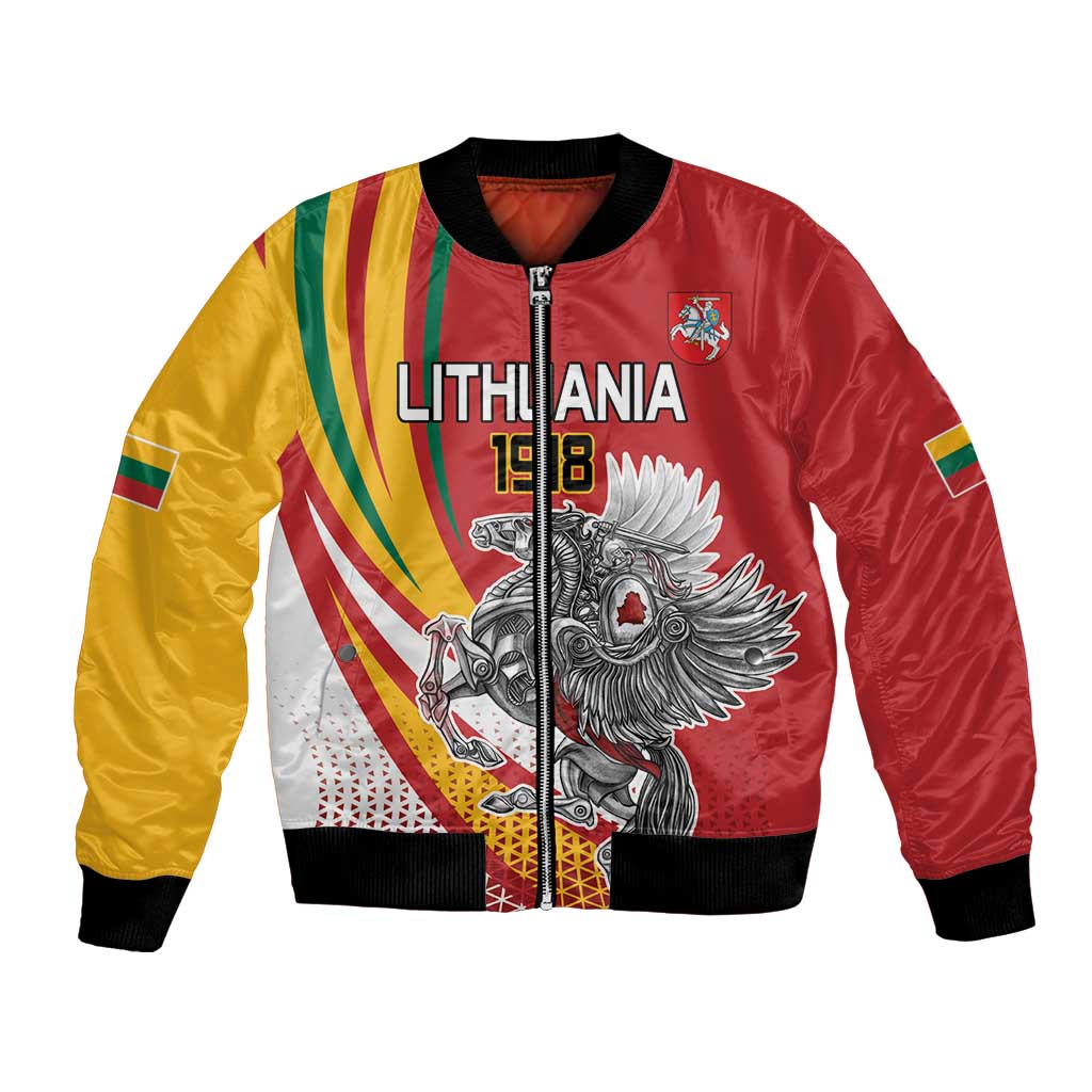 Red and yellow unisex bomber jacket with front zipper, black ribbed cuffs, Lithuania eagle graphic