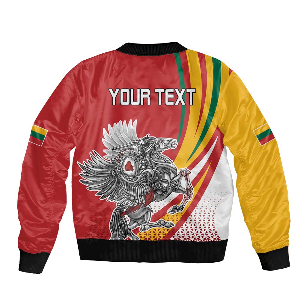 Red unisex bomber jacket with 'YOUR TEXT', black ribbed hem, winged eagle print