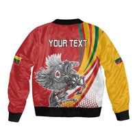 Red unisex bomber jacket with 'YOUR TEXT', black ribbed hem, winged eagle print