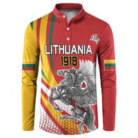 Red button-up sweatshirt with Lithuania 1918 print and knight eagle graphic