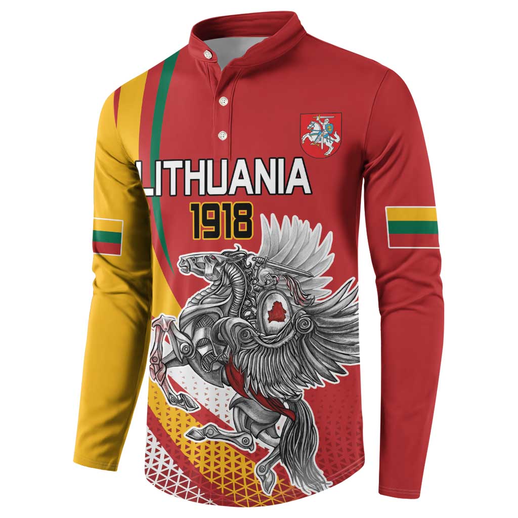 Red button-up sweatshirt with Lithuania 1918 front graphic and crest logo