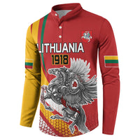 Red button-up sweatshirt with Lithuania 1918 front graphic and crest logo